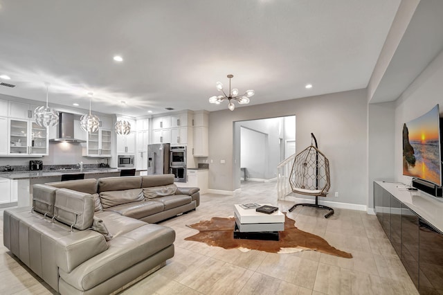 living room featuring a chandelier