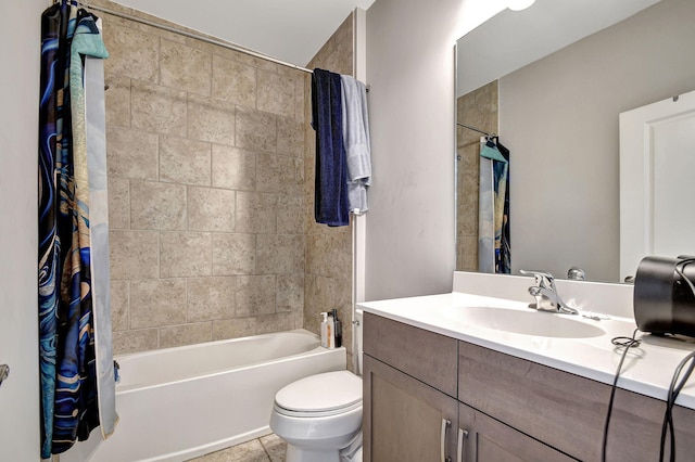 full bathroom with shower / bath combo, vanity, tile patterned floors, and toilet