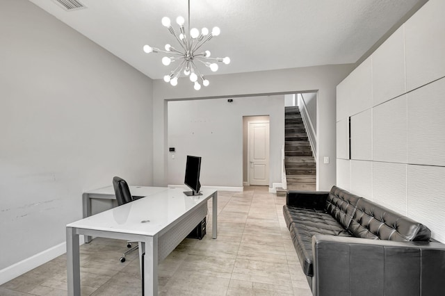 office area with a notable chandelier