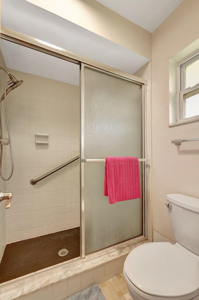 bathroom with toilet and an enclosed shower