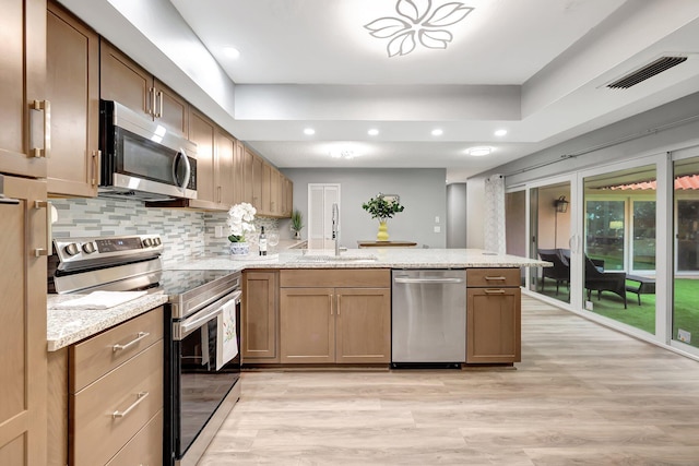 kitchen featuring kitchen peninsula, sink, stainless steel appliances, and light wood-type flooring