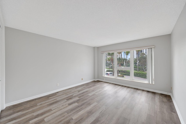 empty room with a textured ceiling and light hardwood / wood-style floors