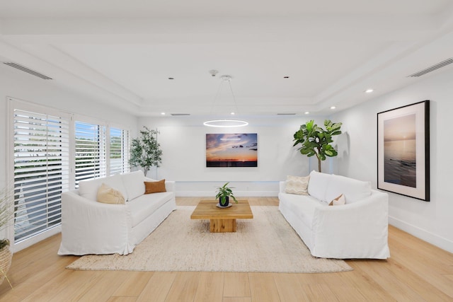 living room featuring a tray ceiling and light hardwood / wood-style flooring