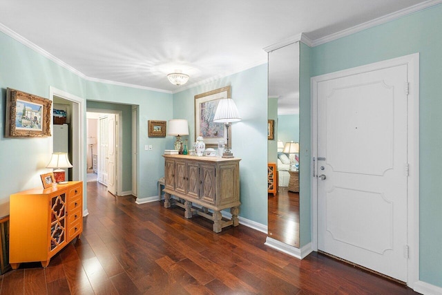 entryway with ornamental molding and dark wood-type flooring