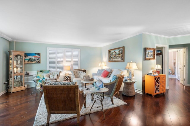 living room with crown molding and dark hardwood / wood-style floors