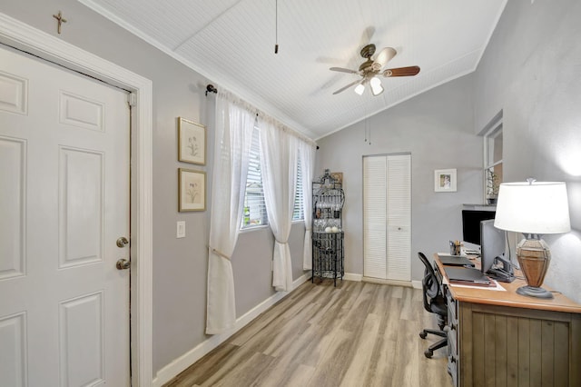 office with ceiling fan, light wood-type flooring, ornamental molding, and lofted ceiling