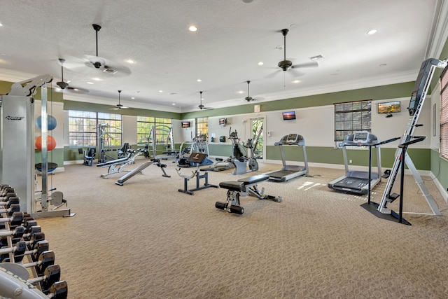 gym with crown molding, ceiling fan, carpet floors, and a textured ceiling