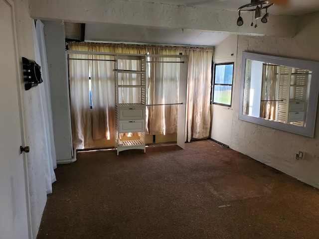 interior space featuring dark colored carpet