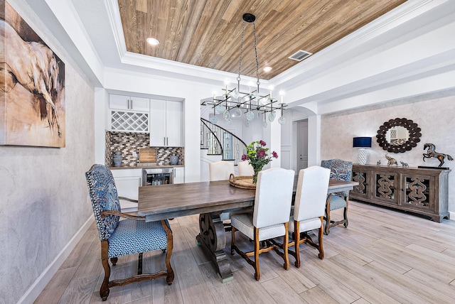 dining space featuring light hardwood / wood-style flooring, wooden ceiling, and a raised ceiling