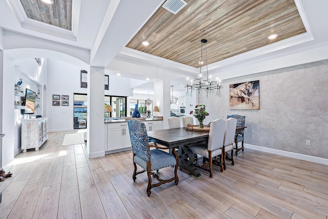 dining area featuring wooden ceiling, a chandelier, and a tray ceiling