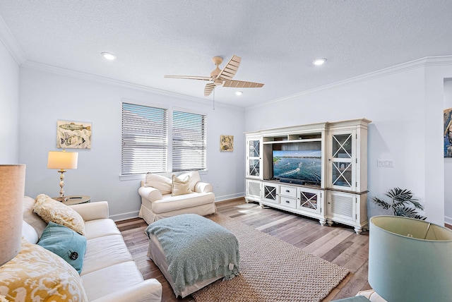 living room with a textured ceiling, light wood-type flooring, and crown molding