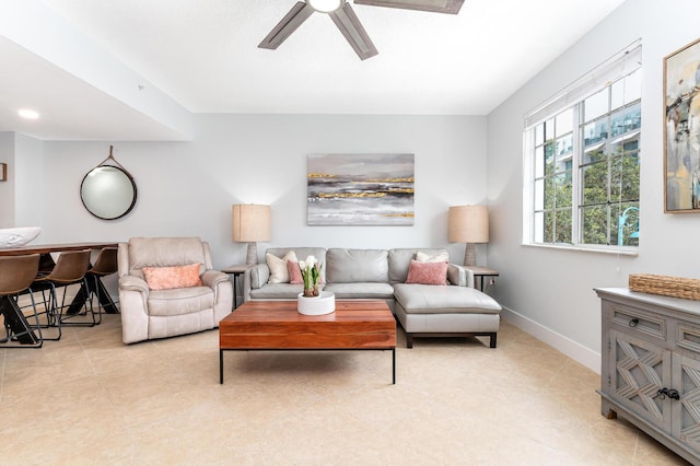 living room featuring ceiling fan