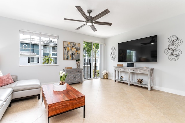 living room with ceiling fan