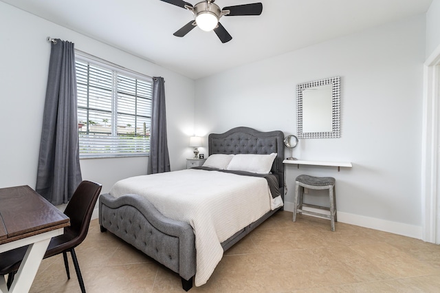 bedroom featuring ceiling fan and light tile patterned flooring