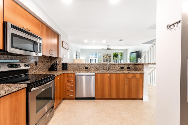 kitchen with backsplash, sink, dark stone countertops, kitchen peninsula, and stainless steel appliances