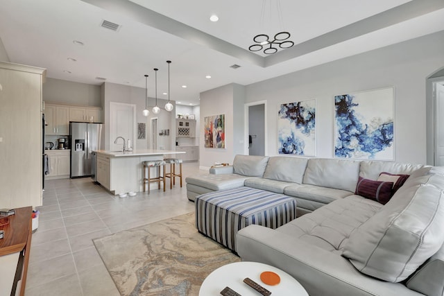 tiled living room with sink