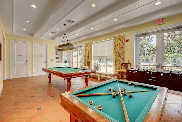 game room with a wealth of natural light, billiards, and french doors