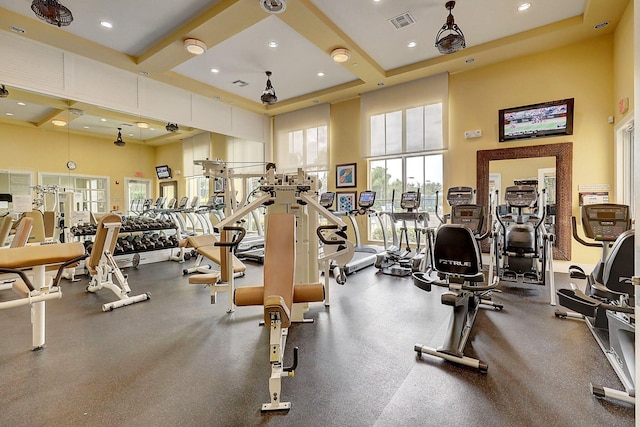 exercise room featuring a towering ceiling