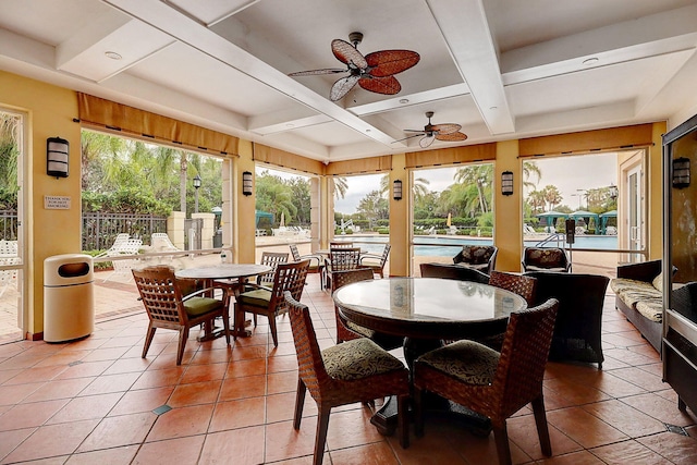 sunroom / solarium with ceiling fan, beam ceiling, and coffered ceiling