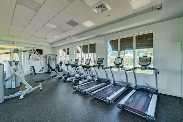 workout area featuring ceiling fan and a drop ceiling