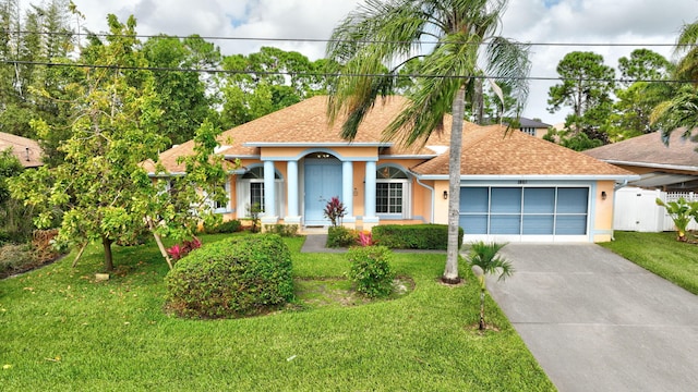 view of front of property featuring stucco siding, an attached garage, fence, driveway, and a front lawn