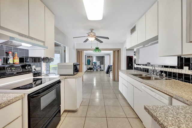 kitchen featuring white cabinetry, dishwasher, sink, black electric range oven, and backsplash