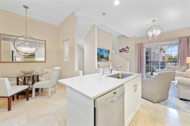 kitchen with dishwasher, sink, hanging light fixtures, a chandelier, and white cabinets