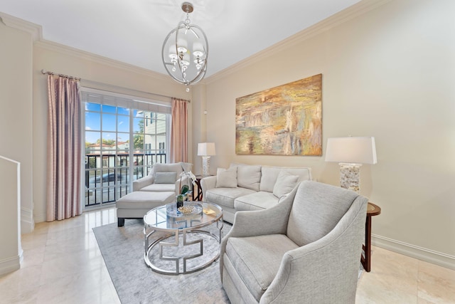 living room with light tile patterned flooring, ornamental molding, and an inviting chandelier