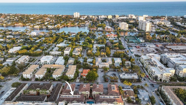 drone / aerial view with a water view