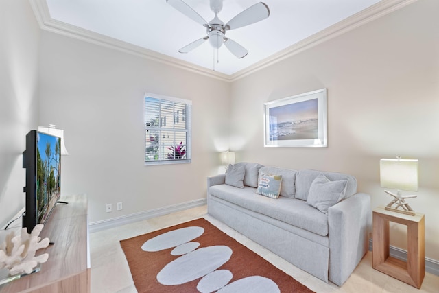 living room with crown molding and ceiling fan