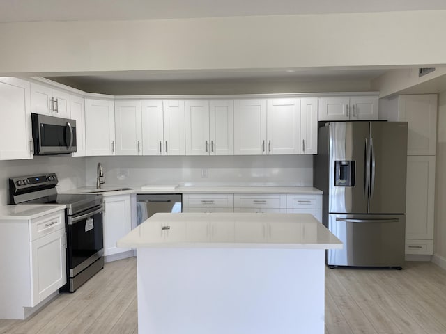 kitchen featuring sink, white cabinets, a center island, and stainless steel appliances