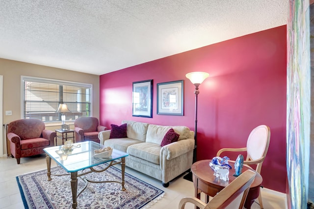 living room featuring a textured ceiling