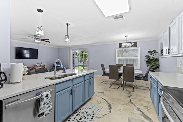 kitchen featuring sink, blue cabinets, stainless steel dishwasher, and pendant lighting