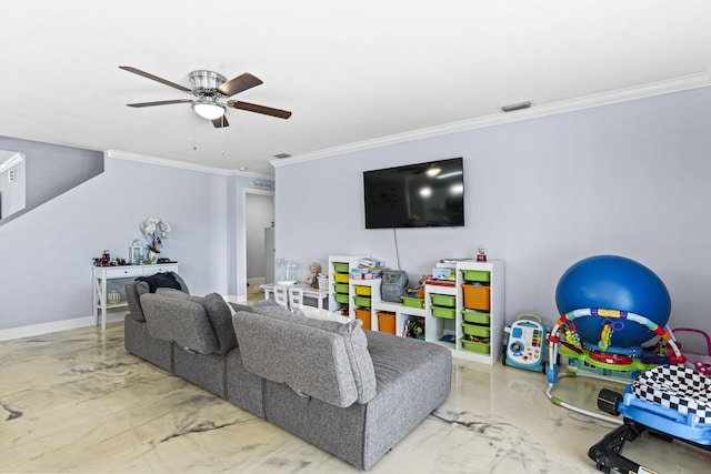 living room featuring ornamental molding and ceiling fan