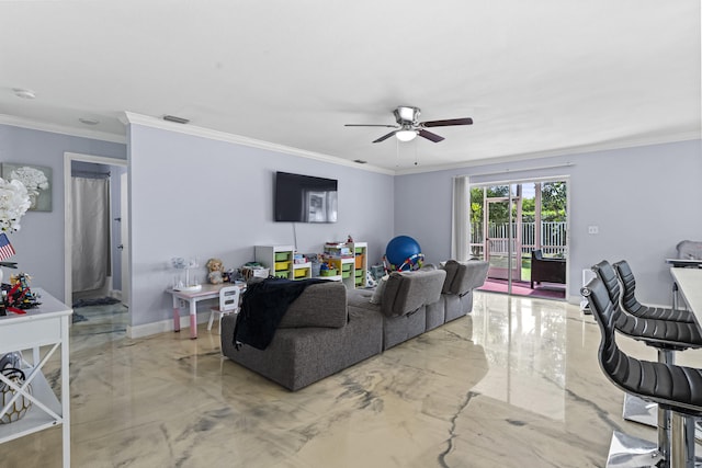 living room with ceiling fan and crown molding