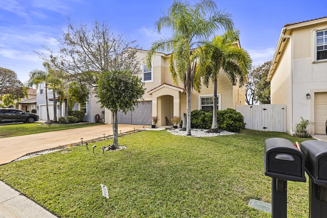 view of front facade with a front yard and a garage