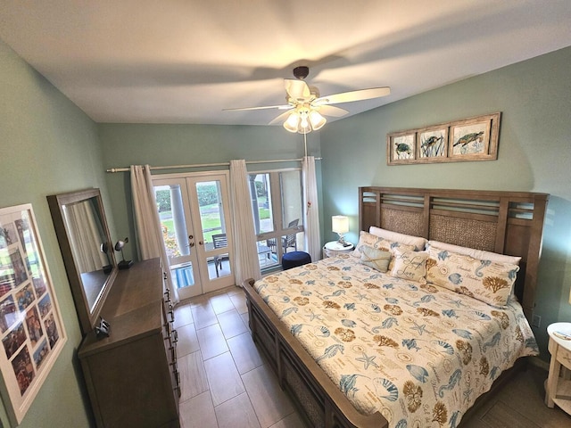 bedroom featuring ceiling fan, access to outside, and french doors