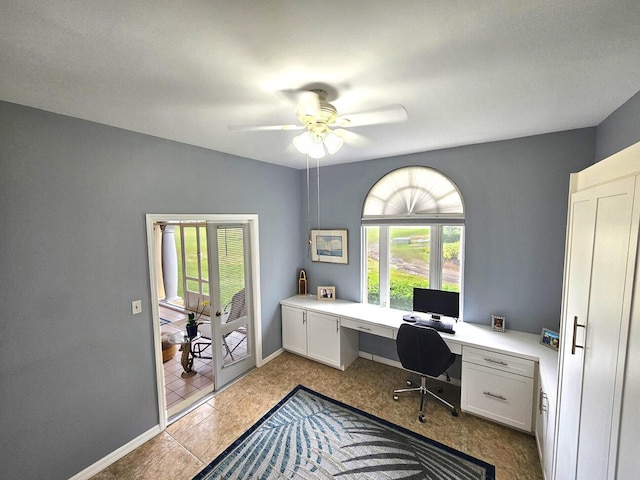 office area featuring ceiling fan and light tile patterned flooring