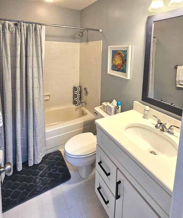 full bathroom featuring tile patterned flooring, vanity, toilet, and shower / bathtub combination with curtain