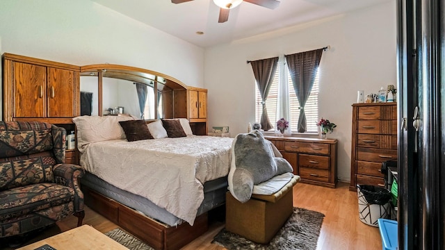 bedroom featuring ceiling fan and light wood-type flooring