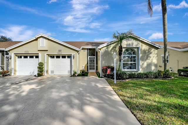 ranch-style house with a front yard and a garage