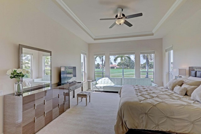 carpeted bedroom featuring multiple windows, a raised ceiling, and ceiling fan