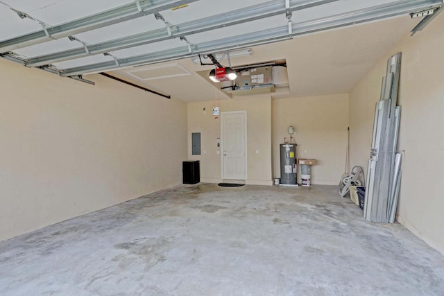 garage with electric panel, electric water heater, and a garage door opener