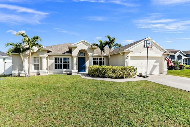 single story home with a garage and a front yard