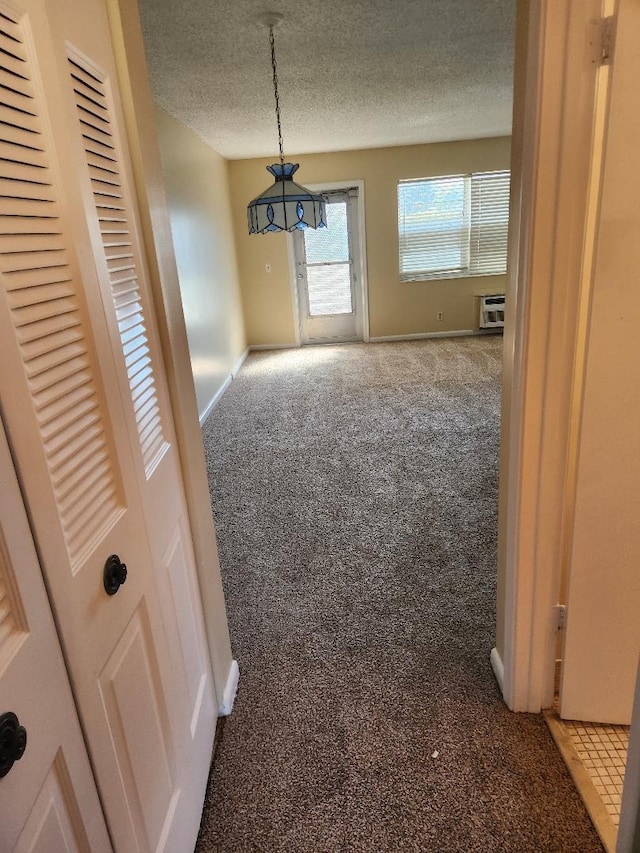 unfurnished dining area with carpet and a textured ceiling