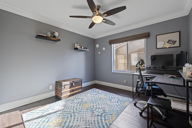 office area with crown molding, a textured ceiling, dark hardwood / wood-style floors, and ceiling fan