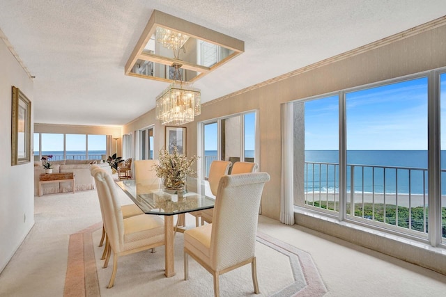 dining area featuring a water view, light colored carpet, a textured ceiling, and a notable chandelier