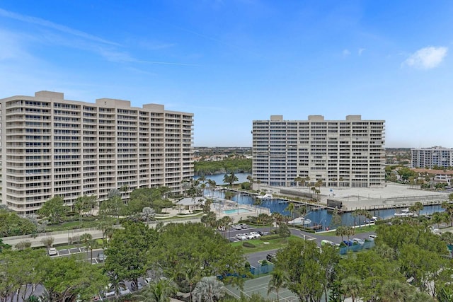 view of building exterior featuring a water view