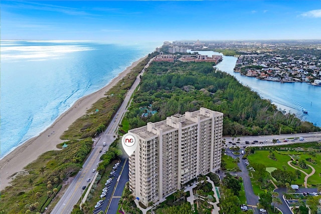 aerial view featuring a water view and a view of the beach