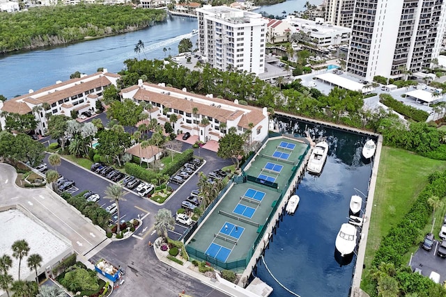 drone / aerial view featuring a water view